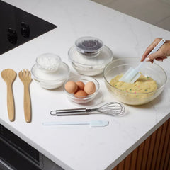 11-Piece Kitchen Accessories Set – Glass Mixing Bowls with Airtight Lids, Stainless Steel Whisk, Scrapers, Wooden Spoons