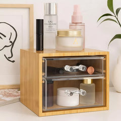 Bamboo Makeup & Jewelry Organizer with 2 Clear Acrylic Drawers, Nonslip Cosmetic Storage Box, Durable Organizer for Cosmetics, Skincare, & Jewelry
