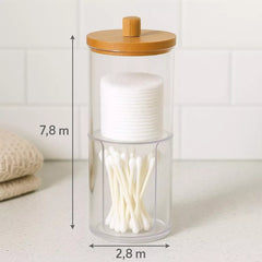 Acrylic Q-tip Dispenser and Cotton Pad Holder with Bamboo Lid, 2 Tier Nonslip Bathroom Organizer Jar for Cotton Ball, Swab, Makeup Pad, Vanity Storage