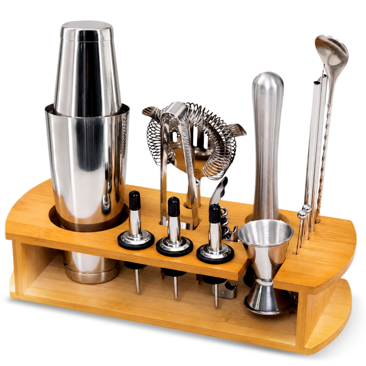 Cocktail Shaker Bartender Kit with Stylish Bamboo Stand, 18-Piece Barware Mixing Tools for Home Bar Party, Stainless Steel Bartending Kit Gift Set
