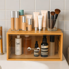 Bamboo Makeup Organizer with Clear Acrylic Drawer, Compact Single Drawer Bamboo Storage Box for Cosmetics & Skincare, Space-Saving Vanity Organizer