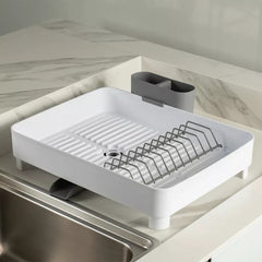 OU Sink Organizer Set, Compact Dish Drying Rack with Drainage Spout & 19 oz Liquid Soap Dispenser with Sponge Holder, Nonslip Kitchen Sink Organizer