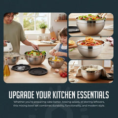 12 Piece Kitchen Mixing & Measuring Set, Stainless Steel Mixing Bowl with Lids and Nesting Magnetic Measuring Spoons for Baking & Cooking