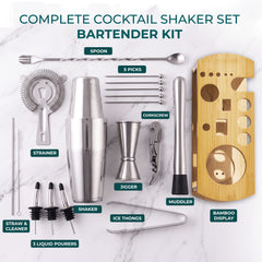 Cocktail Shaker Bartender Kit with Stylish Bamboo Stand, 18-Piece Barware Mixing Tools for Home Bar Party, Stainless Steel Bartending Kit Gift Set