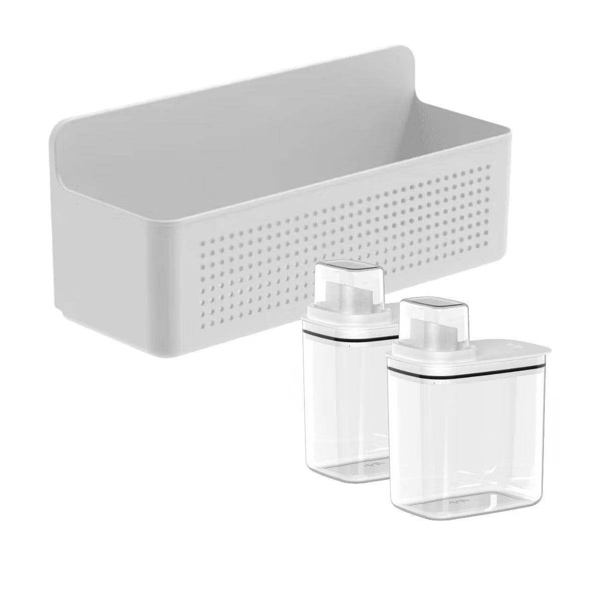 OU Laundry Detergent Dispenser & Wall-Mounted Storage Organizer Set, 2 Pack 50oz Clear Liquid Soap Dispenser with Measuring Cap & Hanging Storage Rack