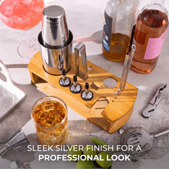 Cocktail Shaker Bartender Kit with Stylish Bamboo Stand, 18-Piece Barware Mixing Tools for Home Bar Party, Stainless Steel Bartending Kit Gift Set