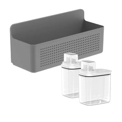 OU Laundry Detergent Dispenser & Wall-Mounted Storage Organizer Set, 2 Pack 50oz Clear Liquid Soap Dispenser with Measuring Cap & Hanging Storage Rack