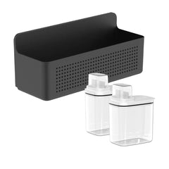 OU Laundry Detergent Dispenser & Wall-Mounted Storage Organizer Set, 2 Pack 50oz Clear Liquid Soap Dispenser with Measuring Cap & Hanging Storage Rack