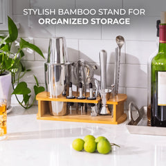 Cocktail Shaker Bartender Kit with Stylish Bamboo Stand, 18-Piece Barware Mixing Tools for Home Bar Party, Stainless Steel Bartending Kit Gift Set