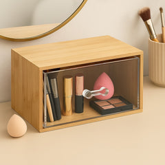 Bamboo Makeup Organizer with Clear Acrylic Drawer, Compact Single Drawer Bamboo Storage Box for Cosmetics & Skincare, Space-Saving Vanity Organizer