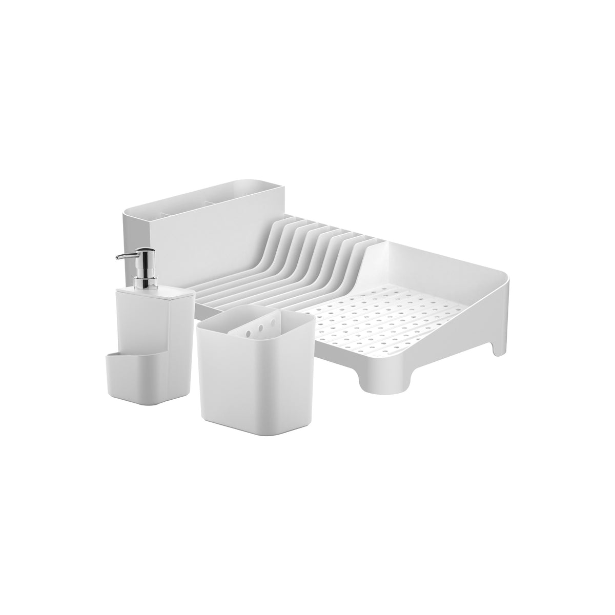 OU Kitchen Sink Organizer 3pc Set, Dish Drying Rack, Cutlery Drainer & Soap Dispenser Caddy with Sponge Holder, Countertop Dish Drainer & Strainer