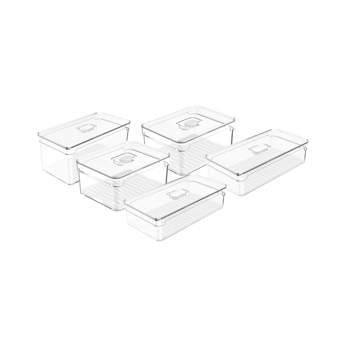 OU Fridge Organizer Set with Lids, Stackable Refrigerator Storage Bins with Drainer Tray and Vent Lid, BPA Free Clear Produce Fruit Containers, 5 Pack
