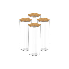 OU Airtight Food Storage Container Set 8pc (set of 4) Clear Plastic Storage Container w Leak Proof Bamboo Lid, Stackable Kitchen Pantry Organizer Jars