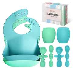Baby Silicone Feeding Set - Baby Led Weaning Utensils, Silicone Bibs, Infant Feeding Cups For Boys, Girls, & Toddlers Smooth Waterproof Material For Practical Eating, Set of 8 Blue & Green