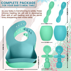 Baby Silicone Feeding Set - Baby Led Weaning Utensils, Silicone Bibs, Infant Feeding Cups For Boys, Girls, & Toddlers Smooth Waterproof Material For Practical Eating, Set of 8 Blue & Green
