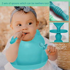 Baby Silicone Feeding Set - Baby Led Weaning Utensils, Silicone Bibs, Infant Feeding Cups For Boys, Girls, & Toddlers Smooth Waterproof Material For Practical Eating, Set of 8 Blue & Green