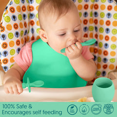 Baby Silicone Feeding Set - Baby Led Weaning Utensils, Silicone Bibs, Infant Feeding Cups For Boys, Girls, & Toddlers Smooth Waterproof Material For Practical Eating, Set of 8 Blue & Green