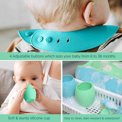 Baby Silicone Feeding Set - Baby Led Weaning Utensils, Silicone Bibs, Infant Feeding Cups For Boys, Girls, & Toddlers Smooth Waterproof Material For Practical Eating, Set of 8 Blue & Green