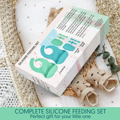 Baby Silicone Feeding Set - Baby Led Weaning Utensils, Silicone Bibs, Infant Feeding Cups For Boys, Girls, & Toddlers Smooth Waterproof Material For Practical Eating, Set of 8 Blue & Green